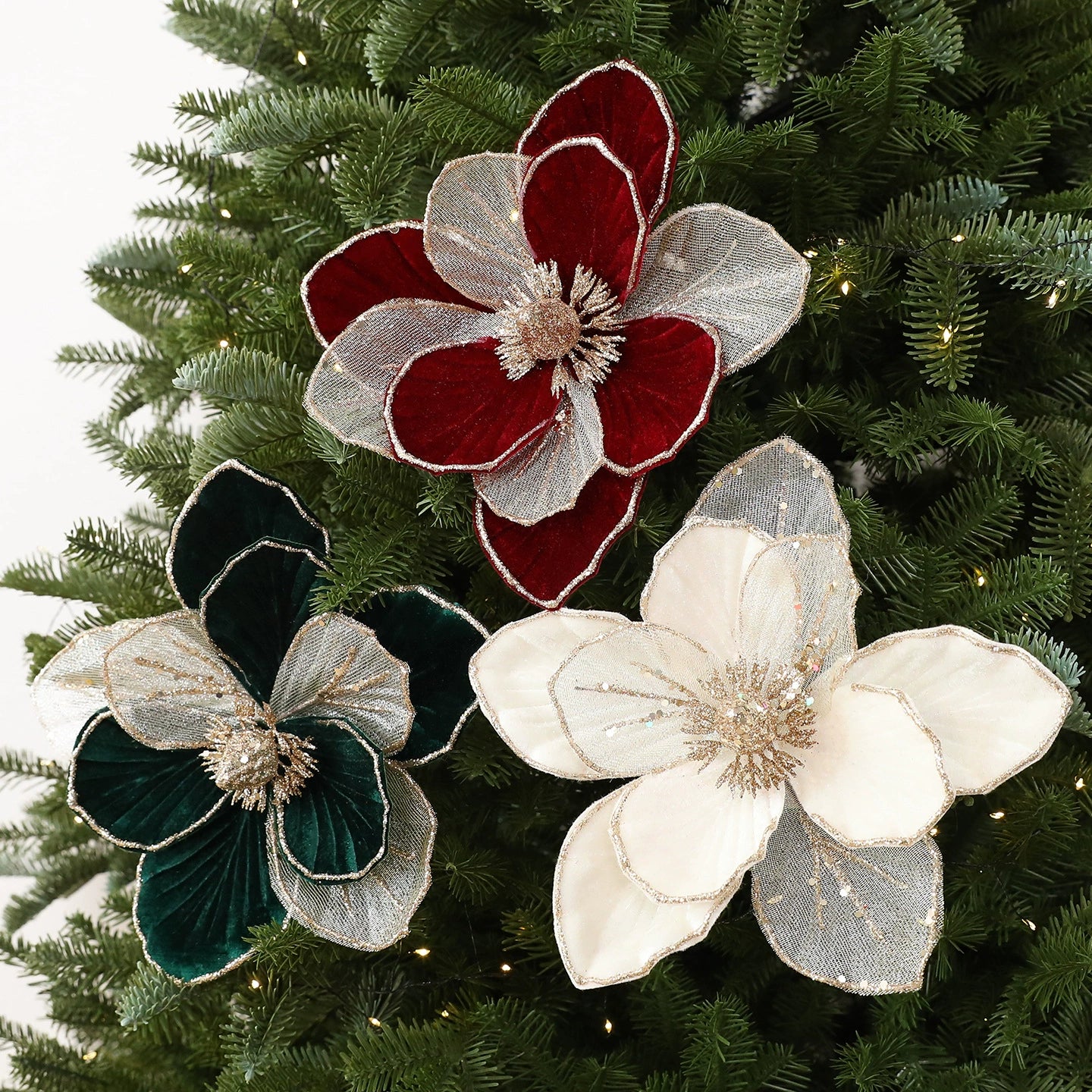 22 cm künstliche Weihnachtsdeko mit Glitzer, Stoffblumen in Weinrot, Grün oder Cremeweiß, für Fensterdekoration, Hotel & Einzelhandel