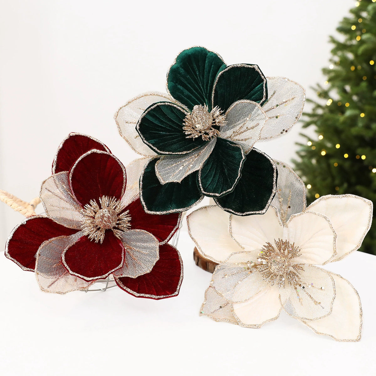 22 cm künstliche Weihnachtsdeko mit Glitzer, Stoffblumen in Weinrot, Grün oder Cremeweiß, für Fensterdekoration, Hotel & Einzelhandel