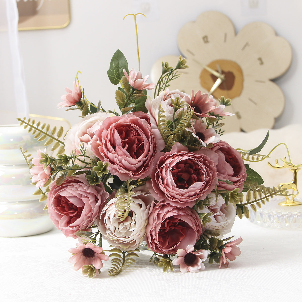 Künstliche Pfingstrosen aus Seide, 34 cm, 10 Blüten, realistisch, für Hochzeiten, Zuhause, Laden, Hotel