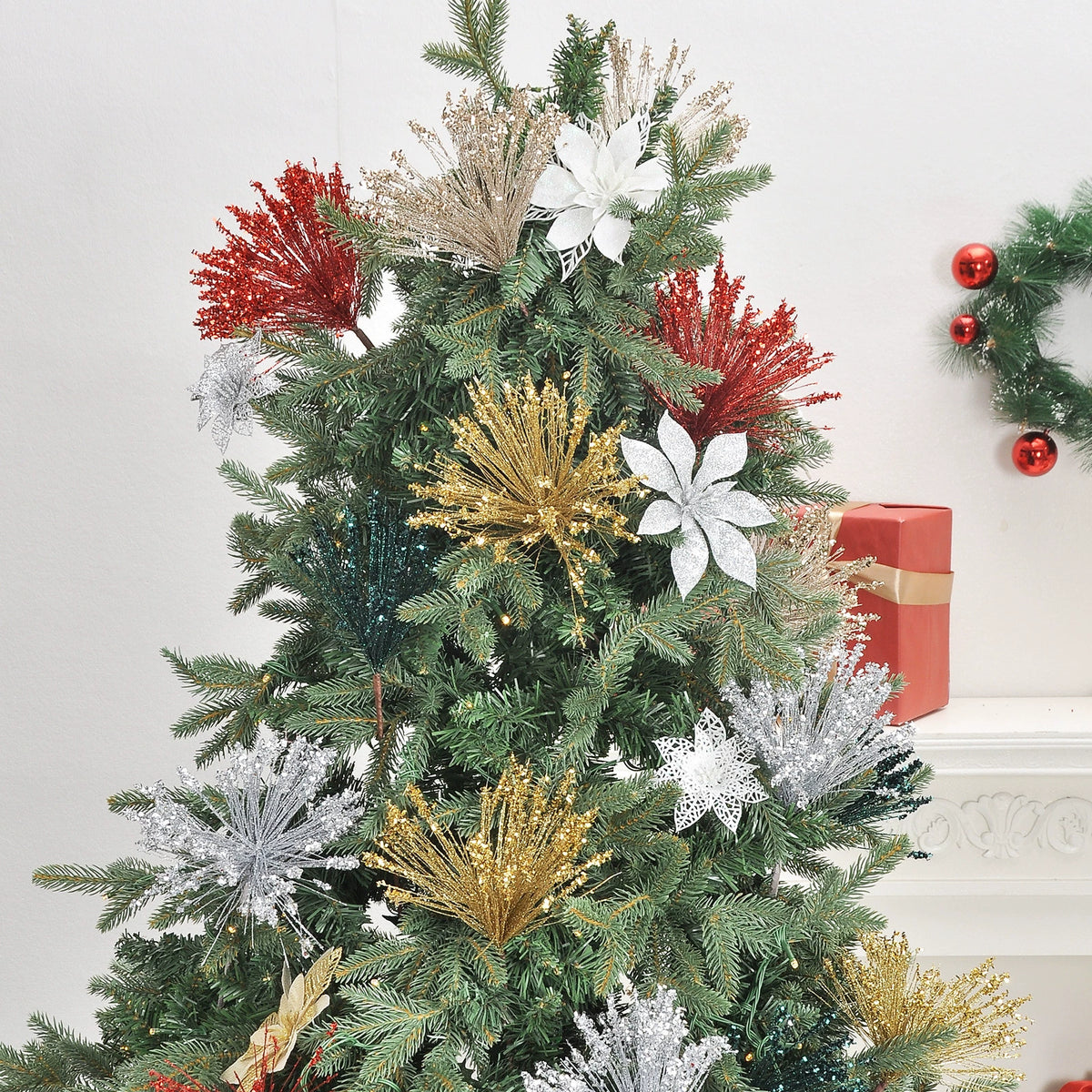 5er-Set Weihnachtsdeko, 36cm lange Kunstblumen in Gold, Grün, Champagner, Rot, Silber, für Vasen, Tischdekoration, Hochzeiten, Einzelhandel