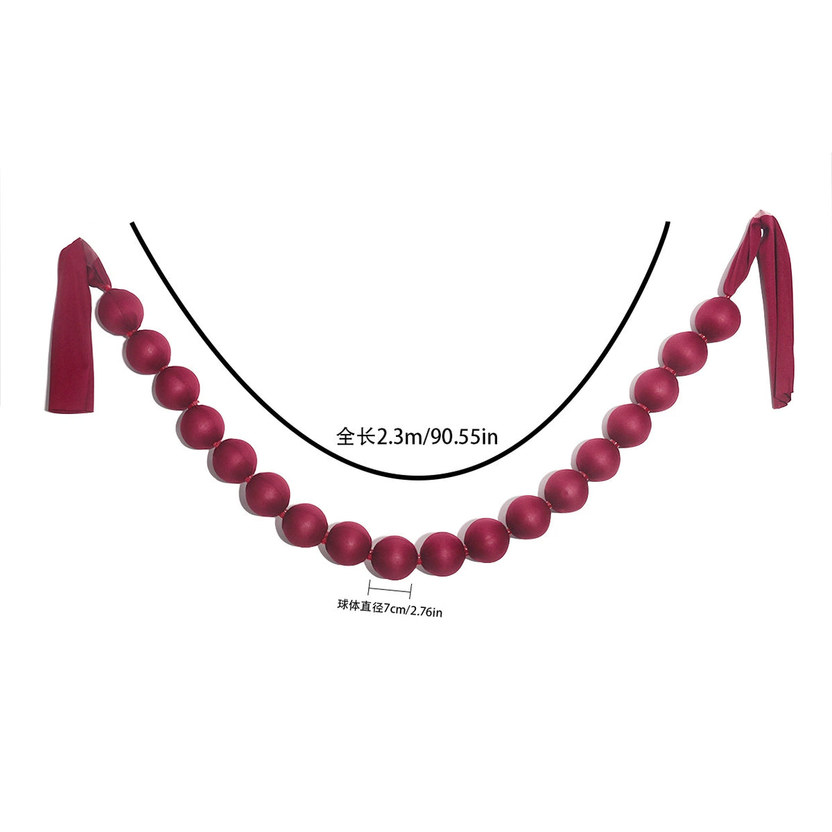Rote Stoff-Kugelgirlande 230 cm, 18 Stück Ø7 cm – Weihnachtsdeko, Festtagsgestaltung, Ladenausstattung, Hochzeitsdekoration, ganzjährig nutzbar