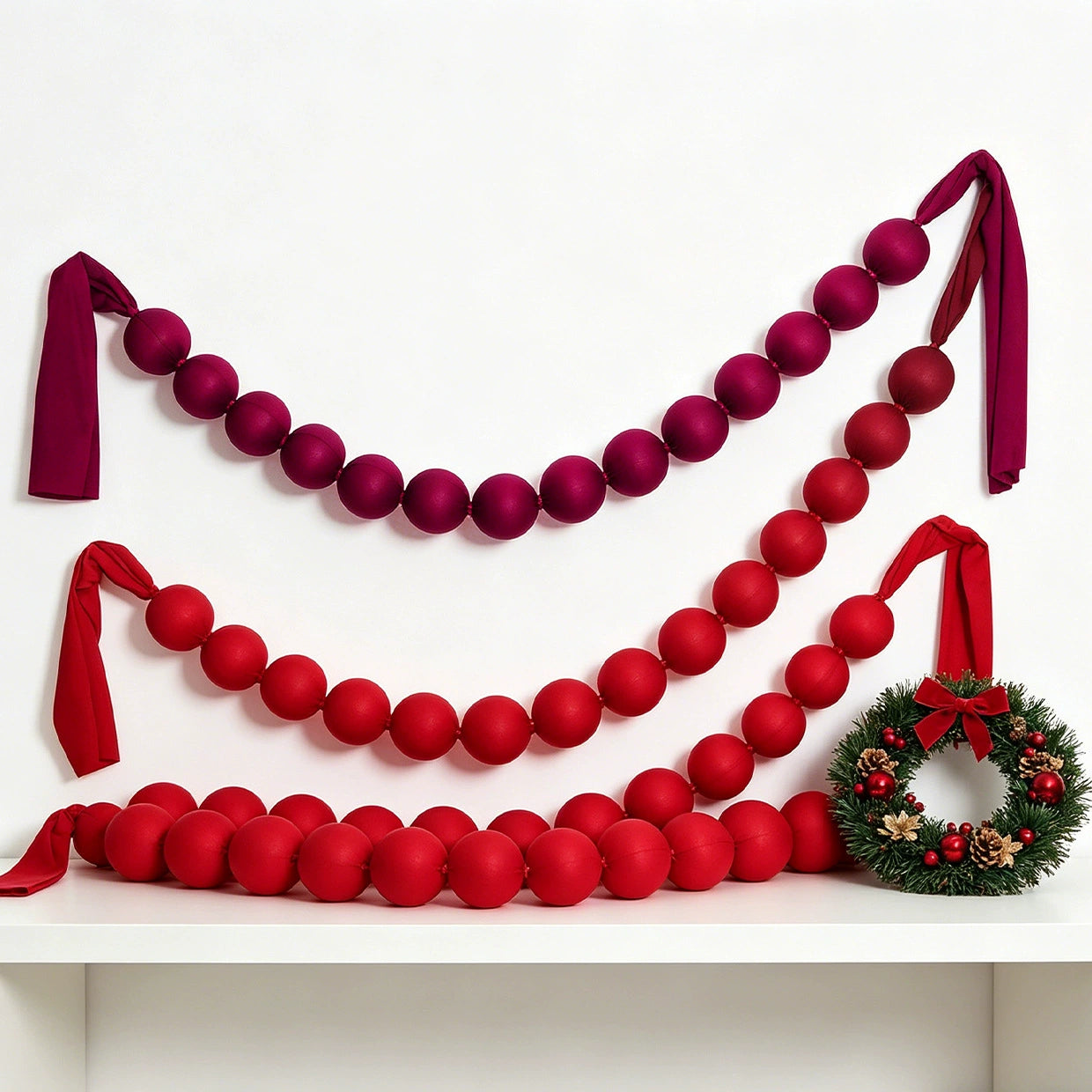 Rote Stoff-Kugelgirlande 230 cm, 18 Stück Ø7 cm – Weihnachtsdeko, Festtagsgestaltung, Ladenausstattung, Hochzeitsdekoration, ganzjährig nutzbar