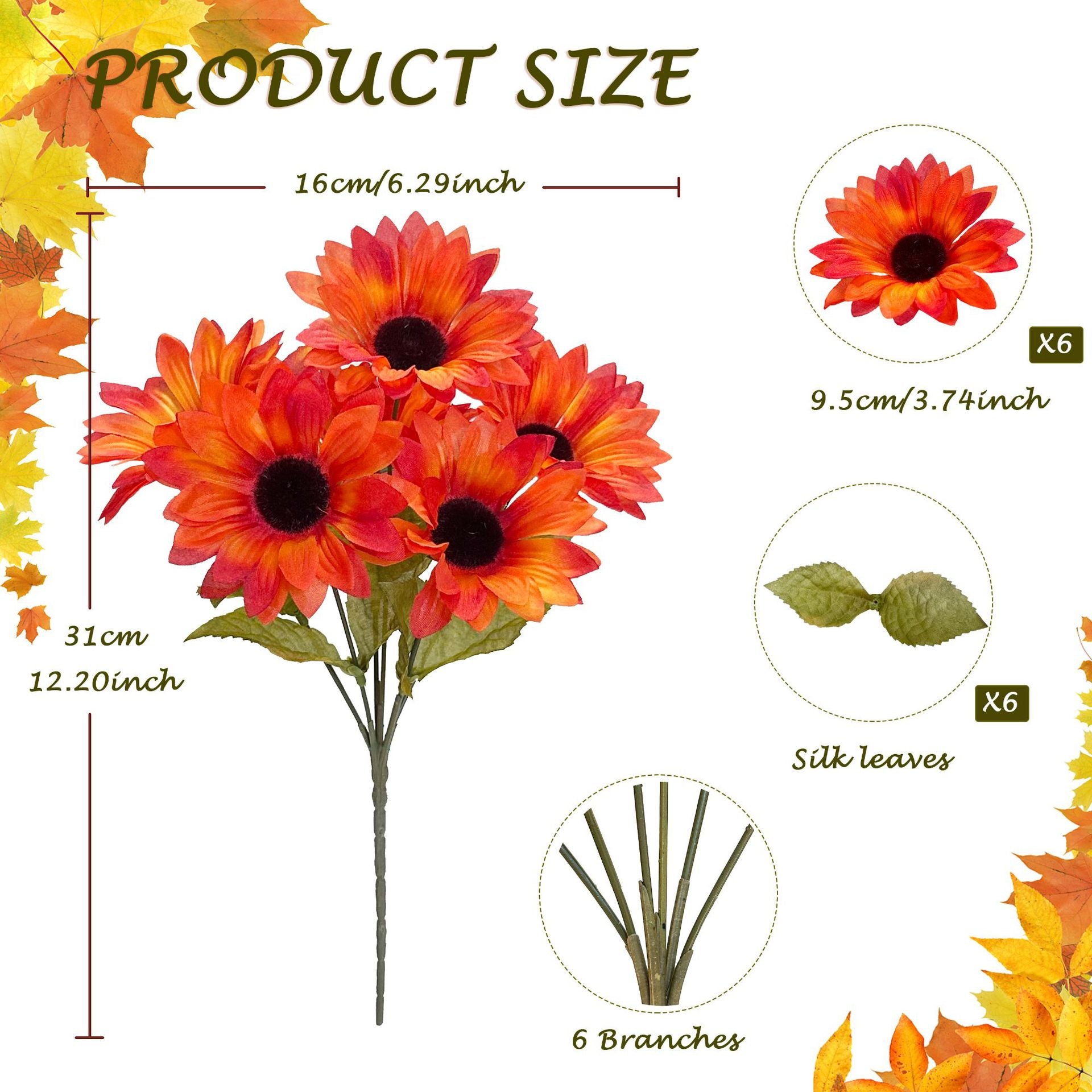 Künstliche Sonnenblumen Büschel – 6 Blüten, 31 cm, Seidenstoff, UV-beständig, für Hochzeit, Dekoration, Ladenlokal, Innenraum
