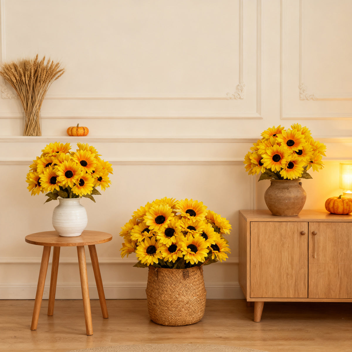 Künstliche Sonnenblumen Büschel – 6 Blüten, 31 cm, Seidenstoff, UV-beständig, für Hochzeit, Dekoration, Ladenlokal, Innenraum