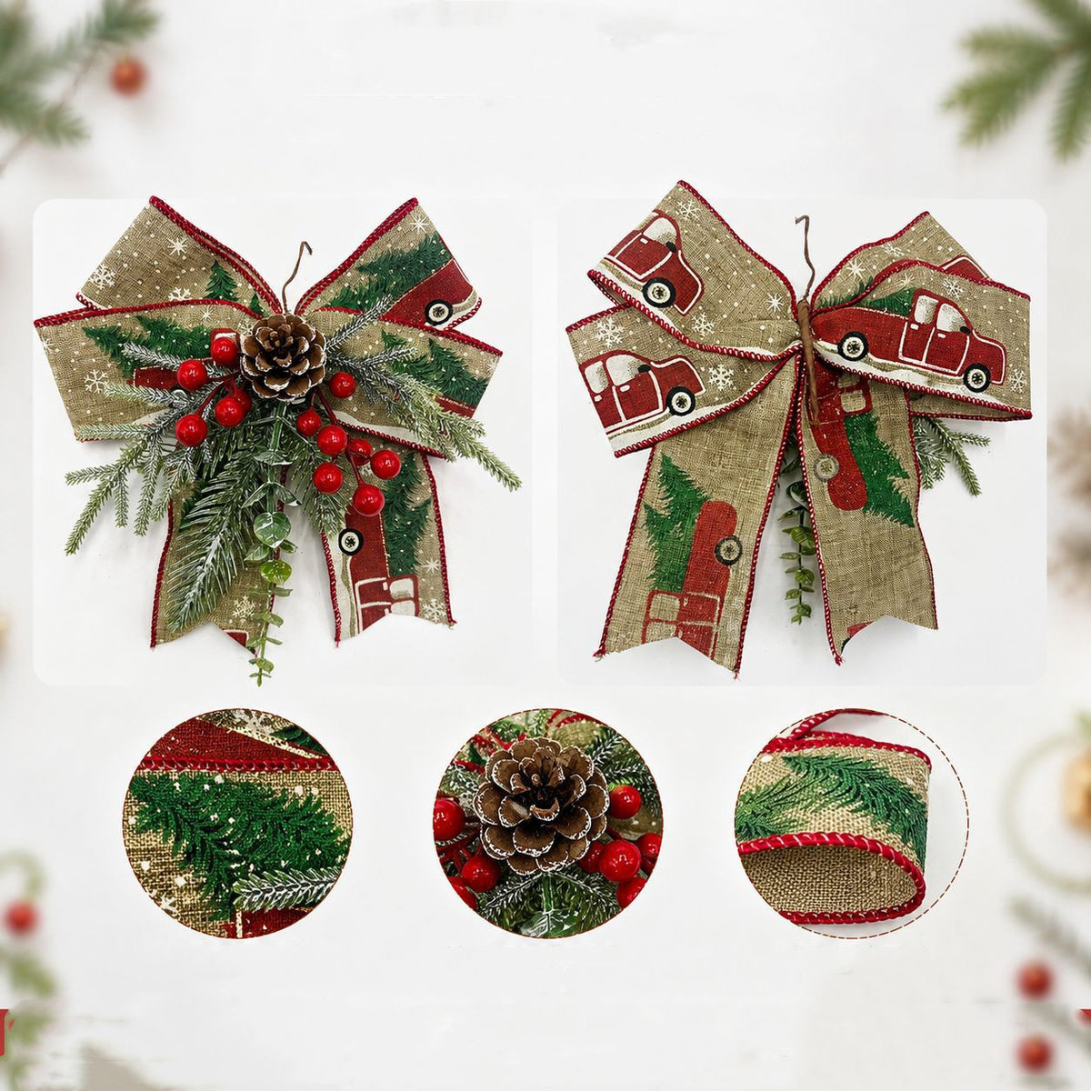 Weihnachts-Deko: Stoff-Schmetterlings-Schleife mit Tannenzweigen, 20x23x9 cm, rustikale Festtags-Dekoration für Haus, Hochzeit, Ladenlokal, Grabschmuck