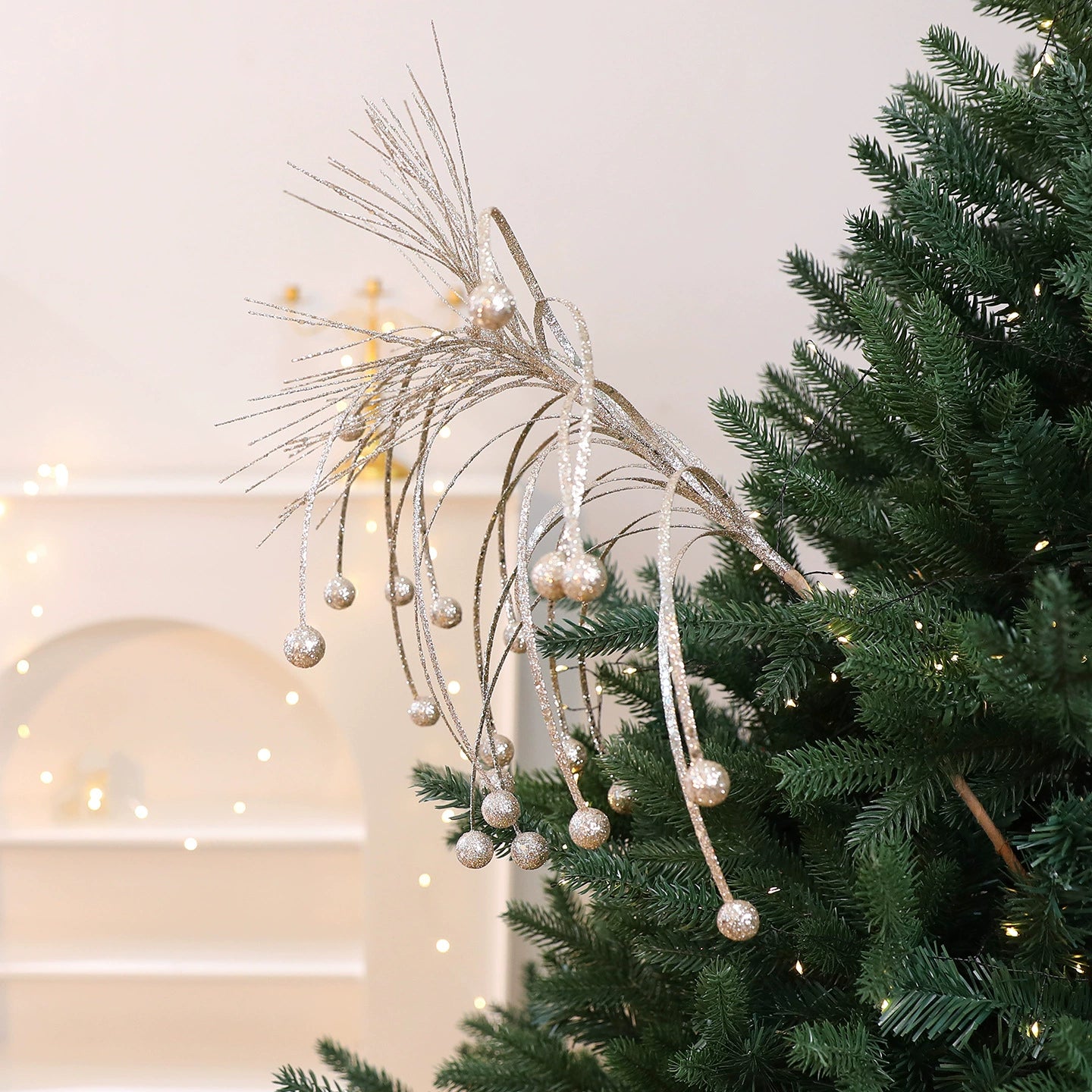 Goldene Pinselstrich-Christbaum-Deko, künstliche Steckzweige, 2 Farben (Rot, Champagner), Festdekoration, Hochzeit, Event, Shop-Deko, 5 Designs