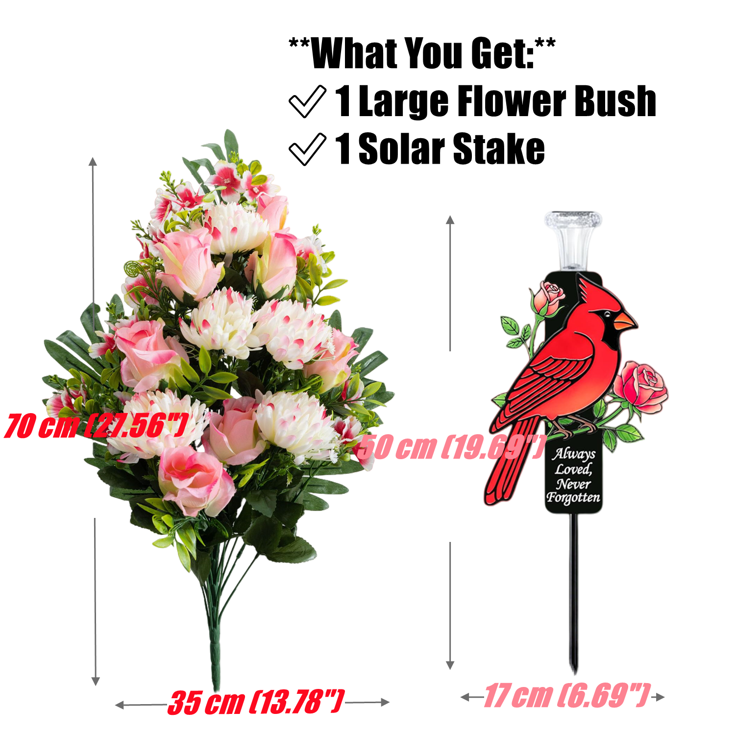 Künstliche Chrysanthemen Blumenarrangement 70 cm – 28 Seidenstiele mit Rosenknospen & Solar-Kardinaldenkmal | Grabschmuck Gedenkgeschenk