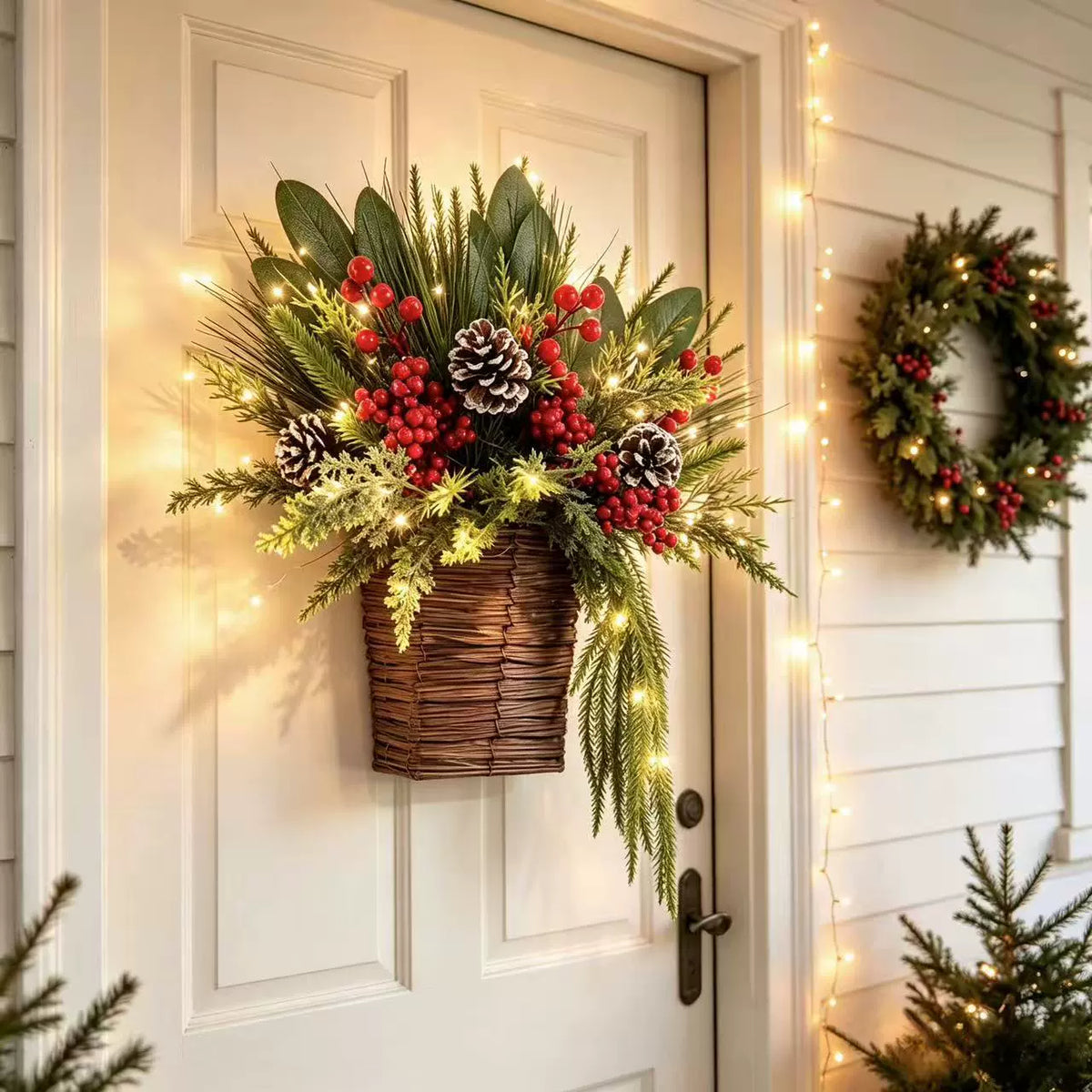 Weihnachtskranz Deko 38 cm mit Kiefernzapfen, roten Beeren und Tannengrün - realistischer Adventsschmuck für Tür, Wand, Tisch, Hotel, Café