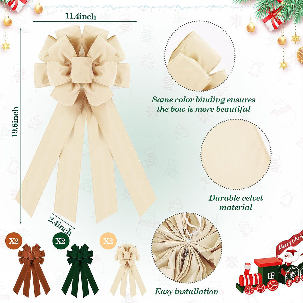 Große Weihnachtsbaumspitze Schleife, 50 cm lang, 28 cm breit – 5 Farben für Tür, Kamin, Treppe, Dekoration