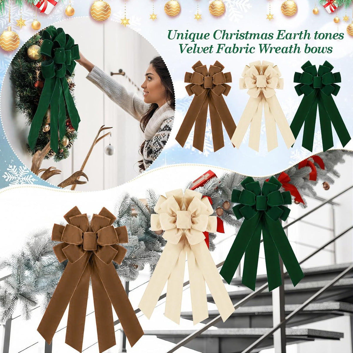 Große Weihnachtsbaumspitze Schleife, 50 cm lang, 28 cm breit – 5 Farben für Tür, Kamin, Treppe, Dekoration
