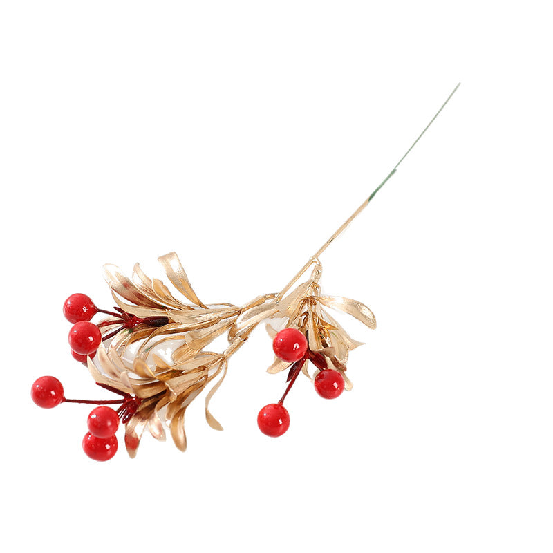 Künstliche Weihnachtsbeeren, 34 cm goldene Blätter mit roten Früchten, 5 Stk. Set, realistische Dekoration für Vasen, Hochzeiten, Festtagsgestaltung