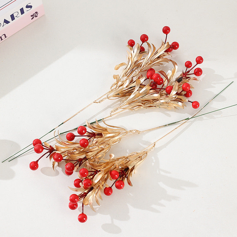 Künstliche Weihnachtsbeeren, 34 cm goldene Blätter mit roten Früchten, 5 Stk. Set, realistische Dekoration für Vasen, Hochzeiten, Festtagsgestaltung