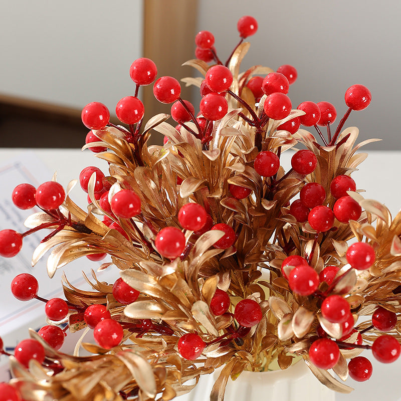 Künstliche Weihnachtsbeeren, 34 cm goldene Blätter mit roten Früchten, 5 Stk. Set, realistische Dekoration für Vasen, Hochzeiten, Festtagsgestaltung