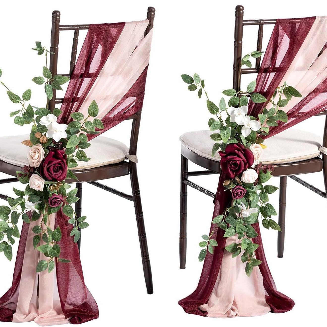 Künstliche Blume für Stuhldekoration, 60 cm, transparente Organdy-Schleifen, Set mit 2 Schleifen und 1 Blume, für Hochzeiten, Outdoor-Events