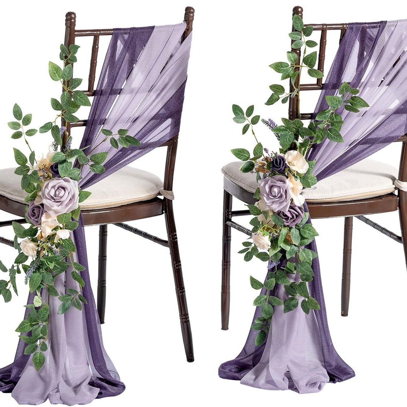 Künstliche Blume für Stuhldekoration, 60 cm, transparente Organdy-Schleifen, Set mit 2 Schleifen und 1 Blume, für Hochzeiten, Outdoor-Events
