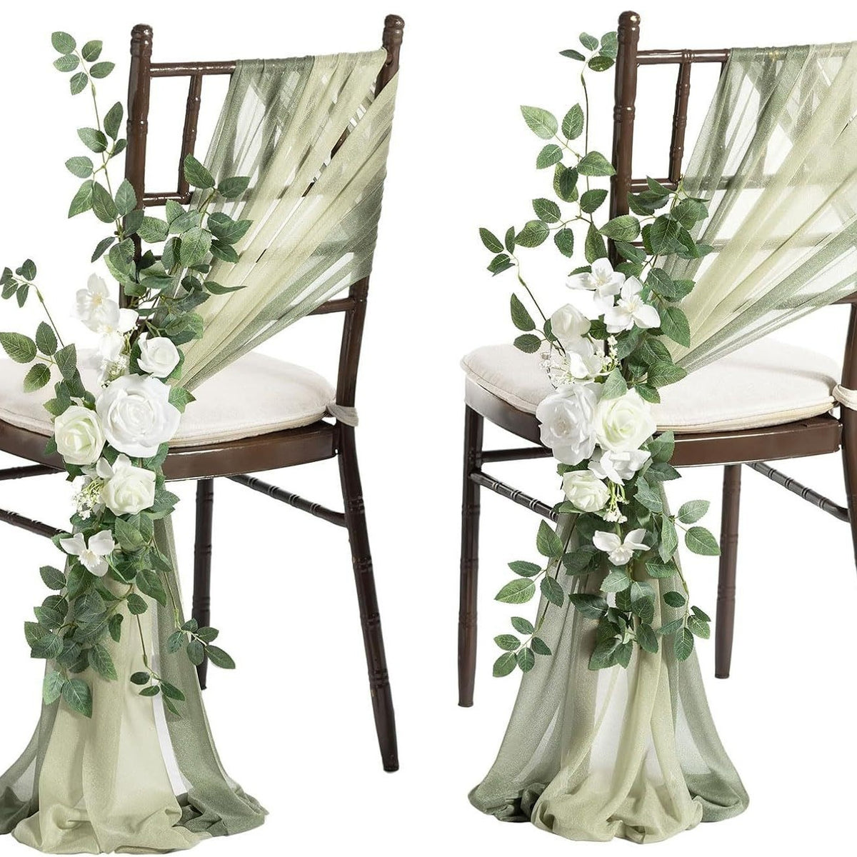 Künstliche Blume für Stuhldekoration, 60 cm, transparente Organdy-Schleifen, Set mit 2 Schleifen und 1 Blume, für Hochzeiten, Outdoor-Events