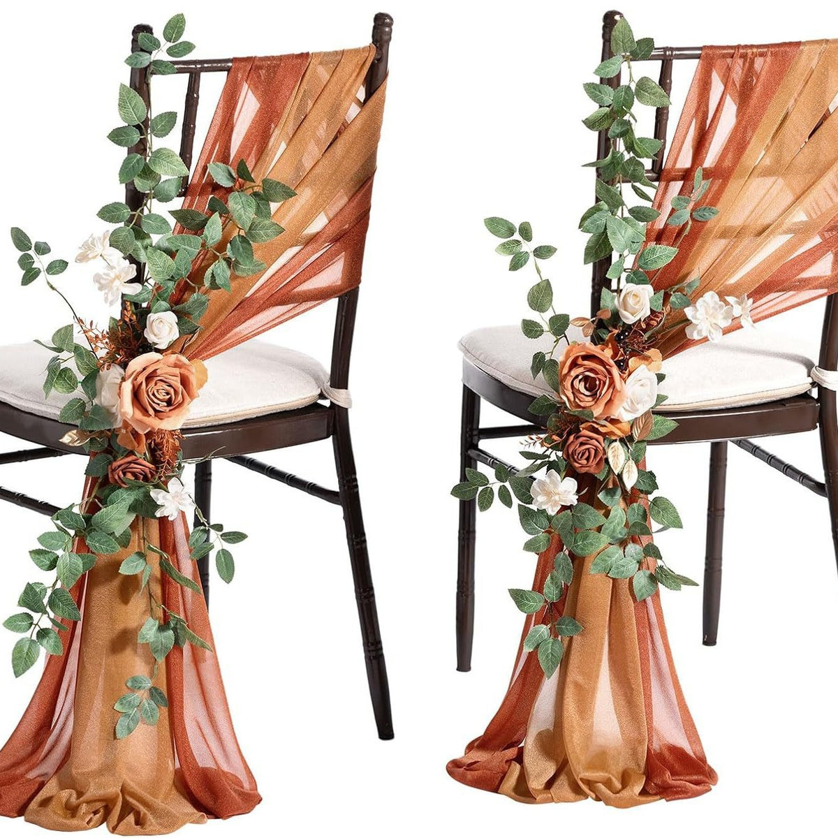 Künstliche Blume für Stuhldekoration, 60 cm, transparente Organdy-Schleifen, Set mit 2 Schleifen und 1 Blume, für Hochzeiten, Outdoor-Events
