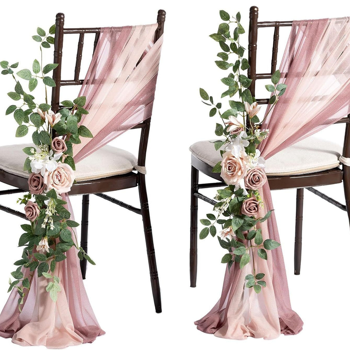 Künstliche Blume für Stuhldekoration, 60 cm, transparente Organdy-Schleifen, Set mit 2 Schleifen und 1 Blume, für Hochzeiten, Outdoor-Events