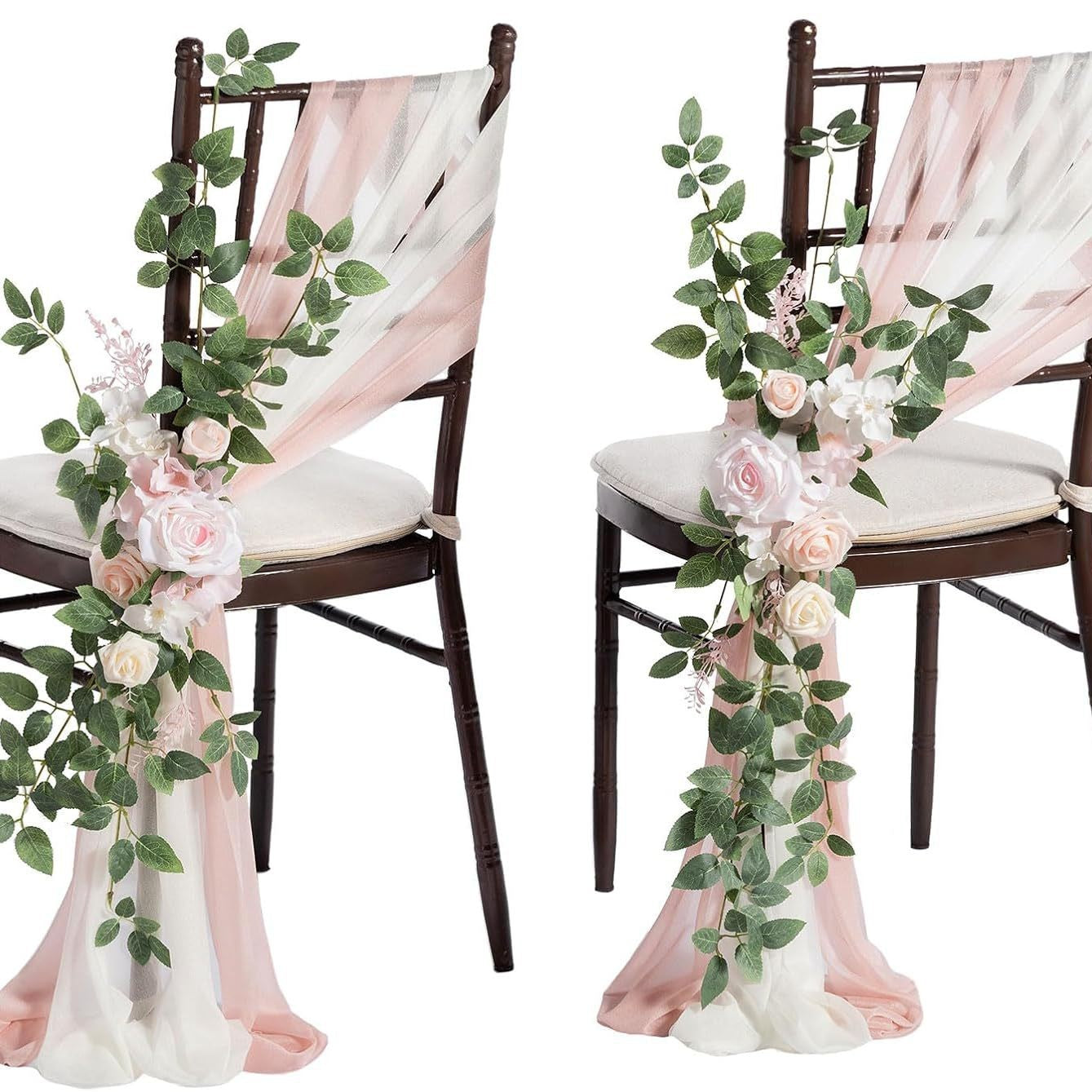 Künstliche Blume für Stuhldekoration, 60 cm, transparente Organdy-Schleifen, Set mit 2 Schleifen und 1 Blume, für Hochzeiten, Outdoor-Events