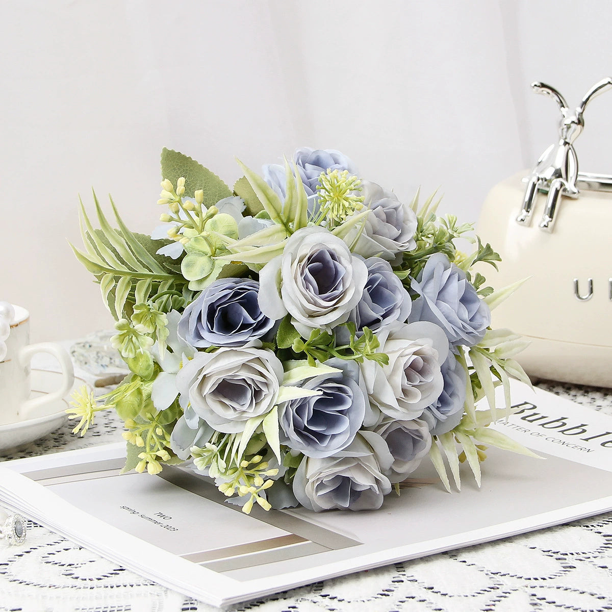 Künstliche Rosenstrauß, 31 cm hoch, 8 Blüten, Seidenstoff, für Hochzeiten, Hotels, Wohnräume, Außenbereich