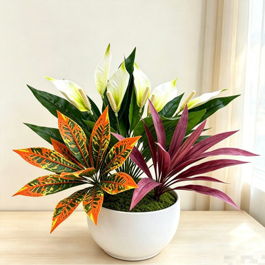 Künstliche Pflanzen-Kombination aus Buntblatt, Einblatt und Drachenbaum, 58 cm, Set aus 3 Pflanzen, Innenraum-Deko, Wohnaccessoire, für Blumenarrangements