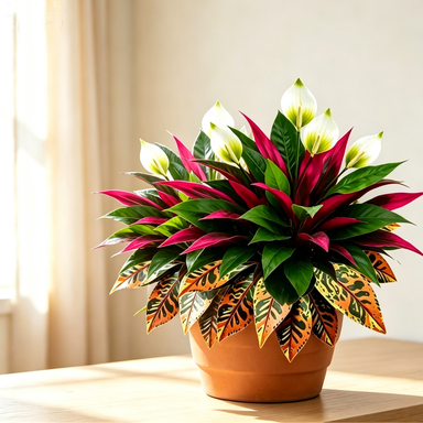 Künstliche Pflanzen-Kombination aus Buntblatt, Einblatt und Drachenbaum, 58 cm, Set aus 3 Pflanzen, Innenraum-Deko, Wohnaccessoire, für Blumenarrangements
