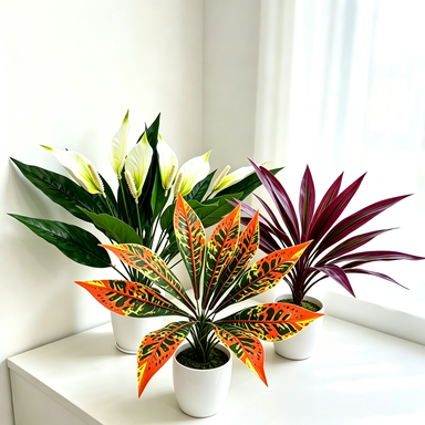 Künstliche Pflanzen-Kombination aus Buntblatt, Einblatt und Drachenbaum, 58 cm, Set aus 3 Pflanzen, Innenraum-Deko, Wohnaccessoire, für Blumenarrangements