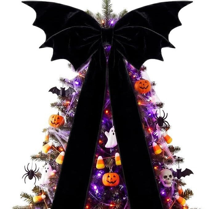 Große schwarze Samt-Fledermaus-Schleife 115x69 cm – Gothische Halloween-Deko für Baumspitze, Gruselparty, Innenraumgestaltung