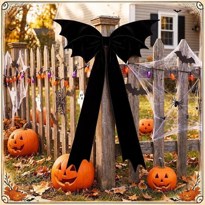 Große schwarze Samt-Fledermaus-Schleife 115x69 cm – Gothische Halloween-Deko für Baumspitze, Gruselparty, Innenraumgestaltung
