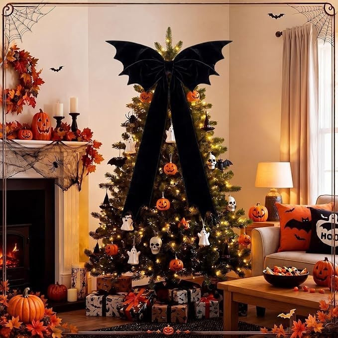 Große schwarze Samt-Fledermaus-Schleife 115x69 cm – Gothische Halloween-Deko für Baumspitze, Gruselparty, Innenraumgestaltung