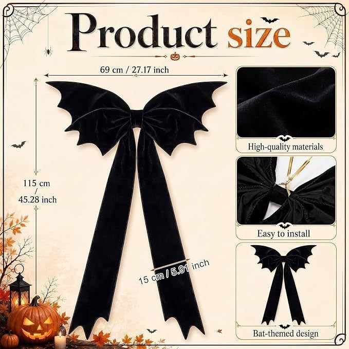 Große schwarze Samt-Fledermaus-Schleife 115x69 cm – Gothische Halloween-Deko für Baumspitze, Gruselparty, Innenraumgestaltung