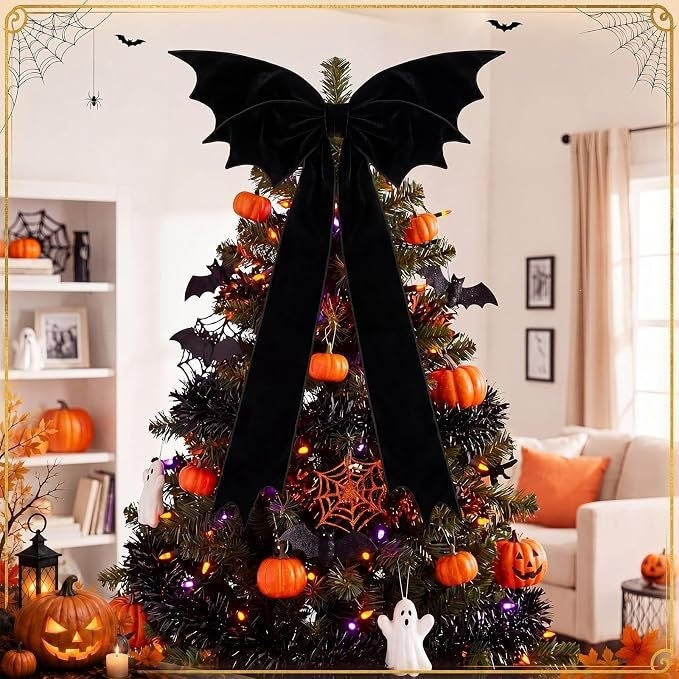 Große schwarze Samt-Fledermaus-Schleife 115x69 cm – Gothische Halloween-Deko für Baumspitze, Gruselparty, Innenraumgestaltung