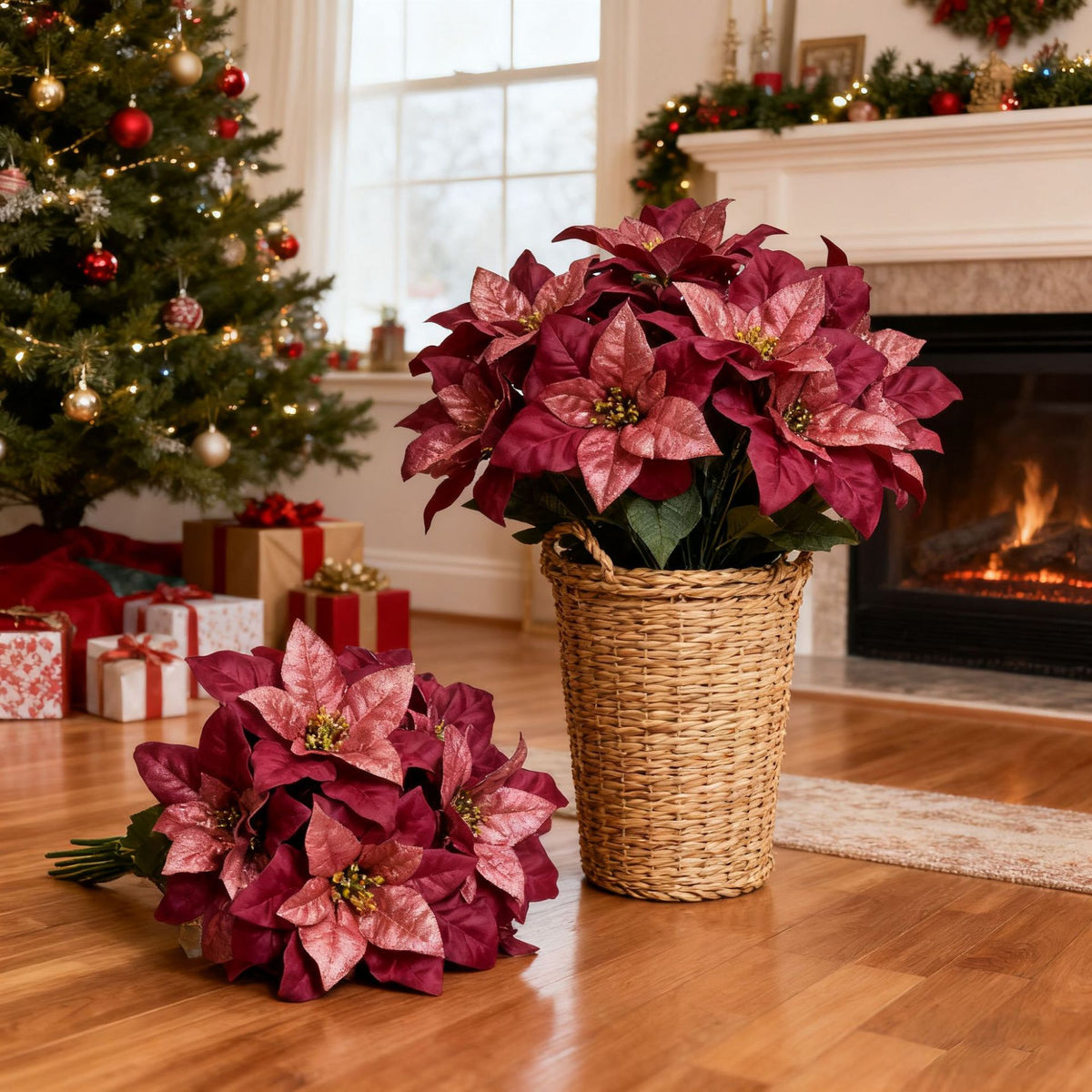 Weihnachtsstern Seidenblumen Buschel, 33 cm hoch, 7 Blüten, 15 cm Durchmesser, realistische künstliche Pflanze für Festtagsdekoration, Innenraum, Hochzeiten, Geschäfte