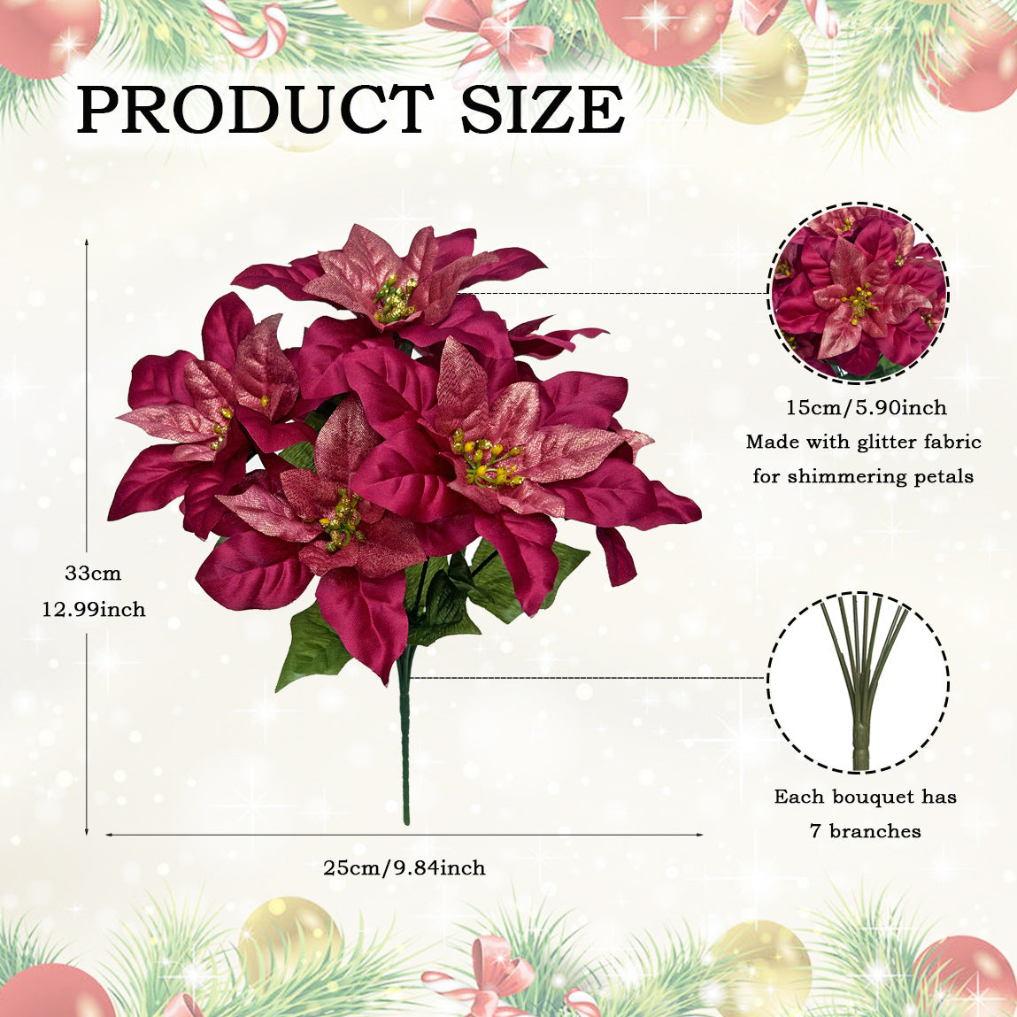 Weihnachtsstern Seidenblumen Buschel, 33 cm hoch, 7 Blüten, 15 cm Durchmesser, realistische künstliche Pflanze für Festtagsdekoration, Innenraum, Hochzeiten, Geschäfte