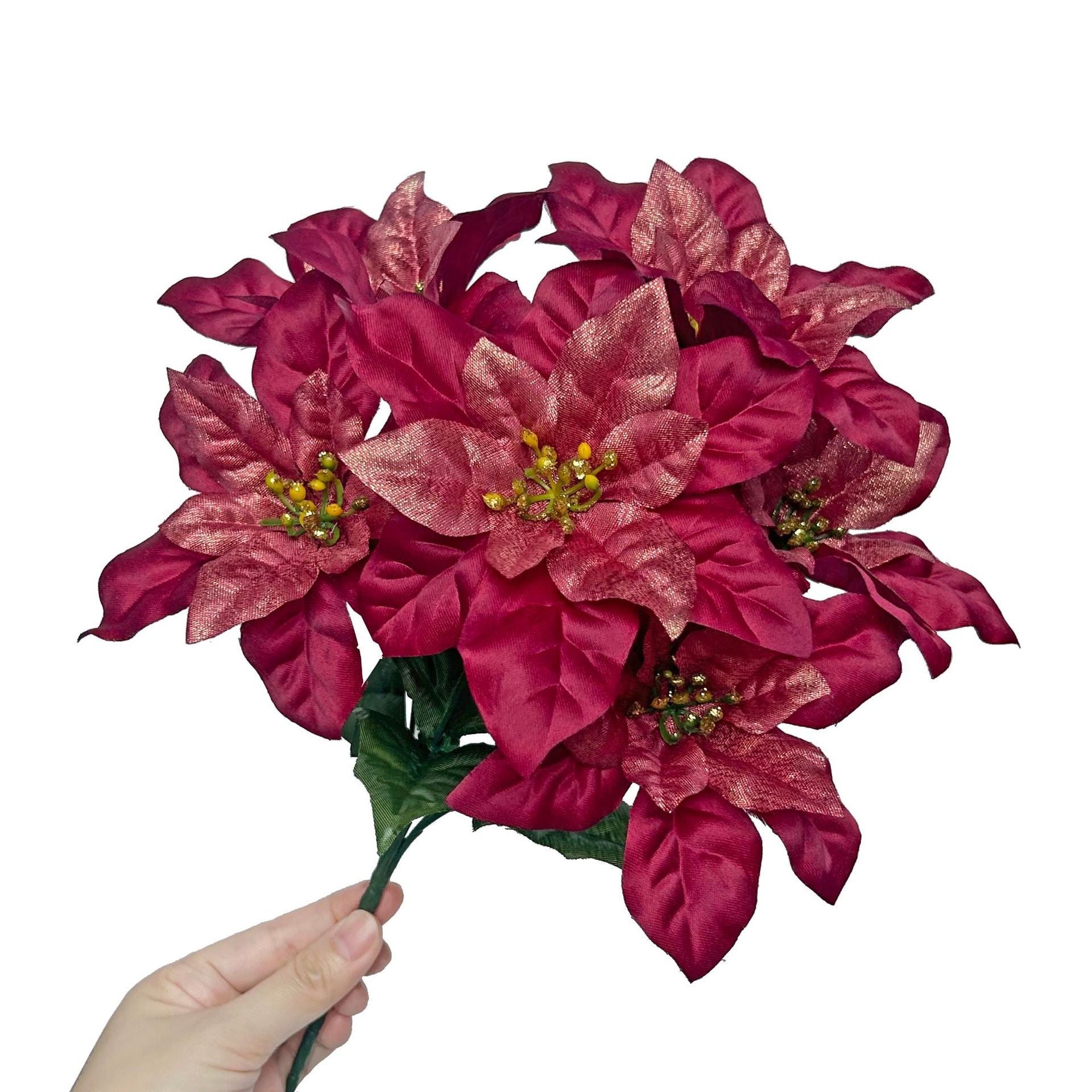 Weihnachtsstern Seidenblumen Buschel, 33 cm hoch, 7 Blüten, 15 cm Durchmesser, realistische künstliche Pflanze für Festtagsdekoration, Innenraum, Hochzeiten, Geschäfte
