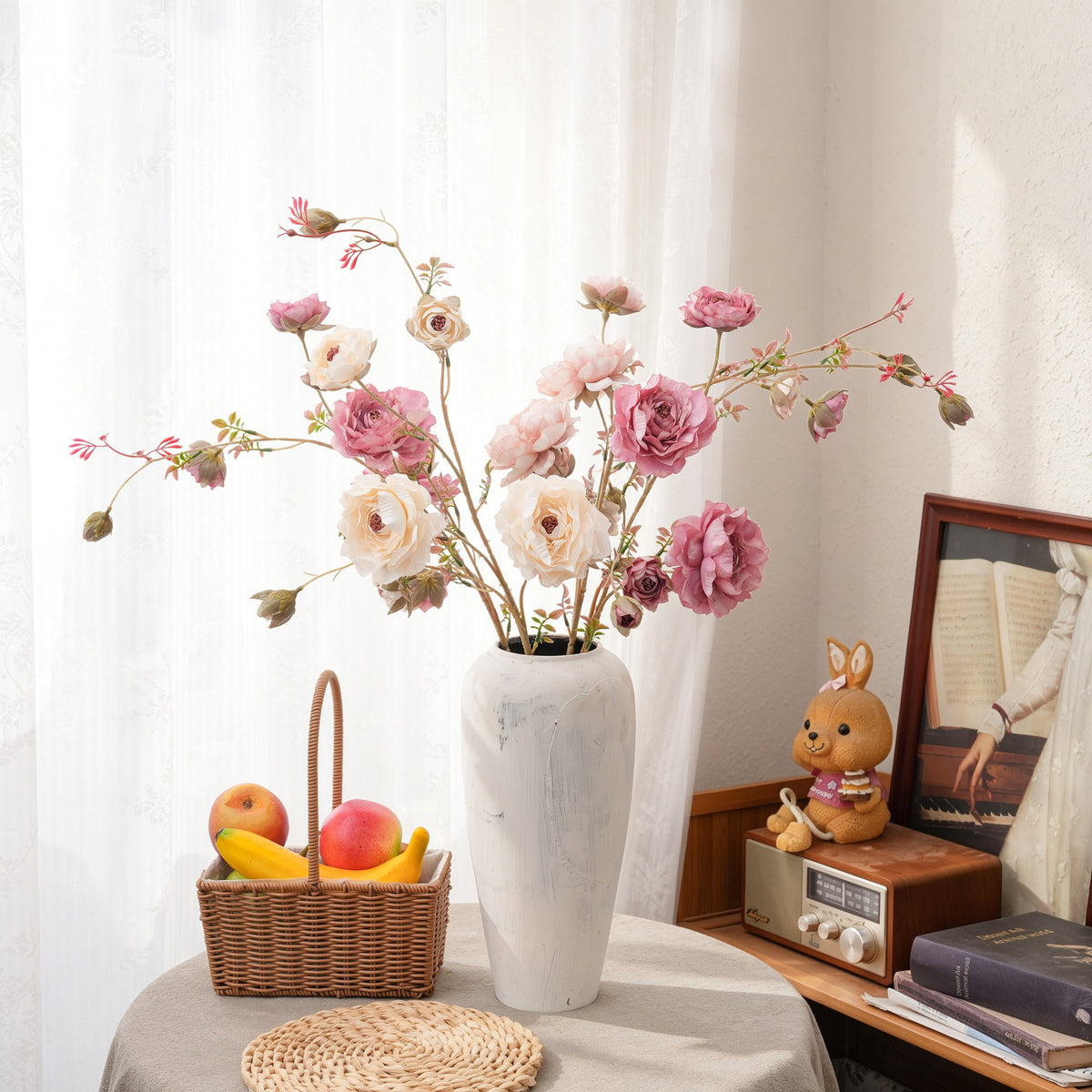 90 cm künstliche Ranunkel-Zweig mit 8 Blüten, Seidenblumen, Beige, Hochzeit Dekoration, Innenraum, Event, Grabschmuck