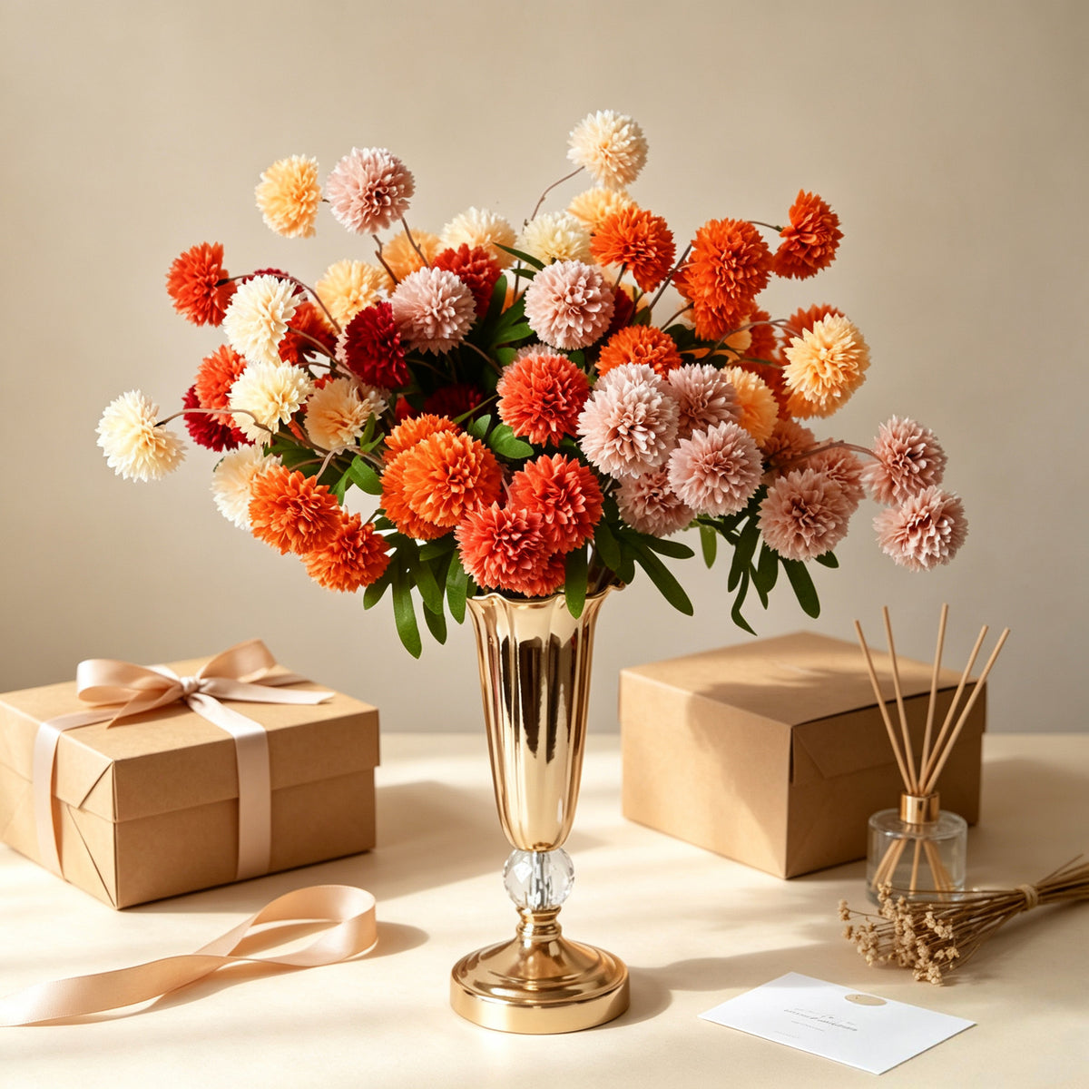 Künstliche Chrysanthemen-Busch, 52 cm Höhe, Seidenmaterial, 5 Blüten, 6 cm Durchmesser, für Hochzeitsdekoration und Wohnaccessoires