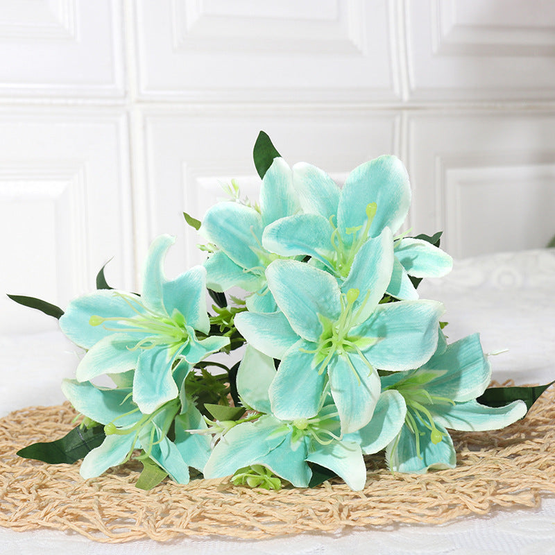 7-köpfige Seidenlilien-Blumenstrauß, 35 cm hoch, realistisch, für Hochzeit, Dekoration, Innenraum, künstliche Blumen ohne Vase