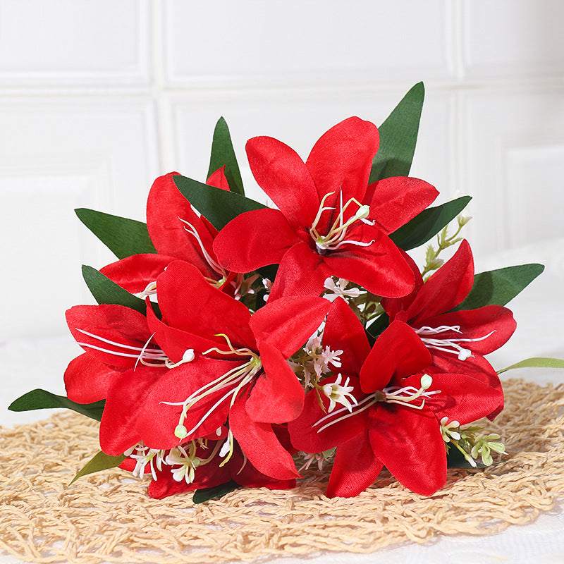7-köpfige Seidenlilien-Blumenstrauß, 35 cm hoch, realistisch, für Hochzeit, Dekoration, Innenraum, künstliche Blumen ohne Vase