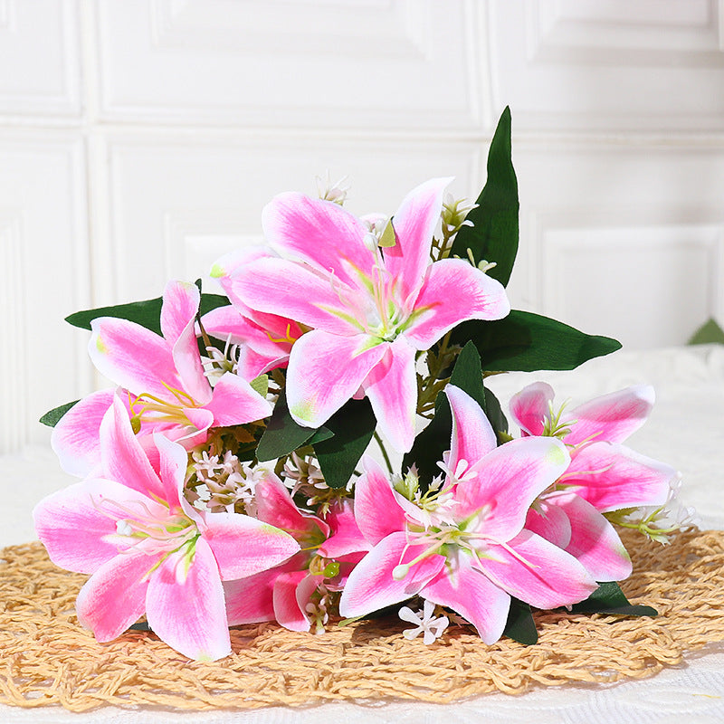 7-köpfige Seidenlilien-Blumenstrauß, 35 cm hoch, realistisch, für Hochzeit, Dekoration, Innenraum, künstliche Blumen ohne Vase