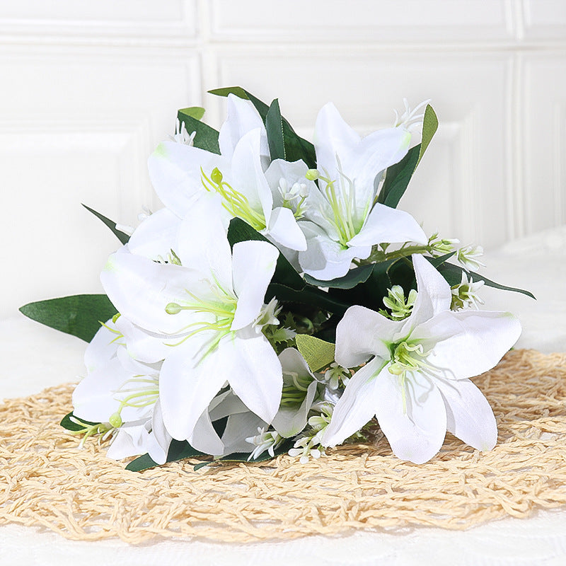 7-köpfige Seidenlilien-Blumenstrauß, 35 cm hoch, realistisch, für Hochzeit, Dekoration, Innenraum, künstliche Blumen ohne Vase