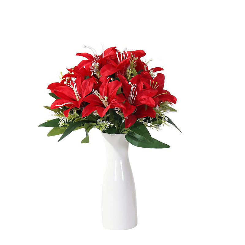 7-köpfige Seidenlilien-Blumenstrauß, 35 cm hoch, realistisch, für Hochzeit, Dekoration, Innenraum, künstliche Blumen ohne Vase