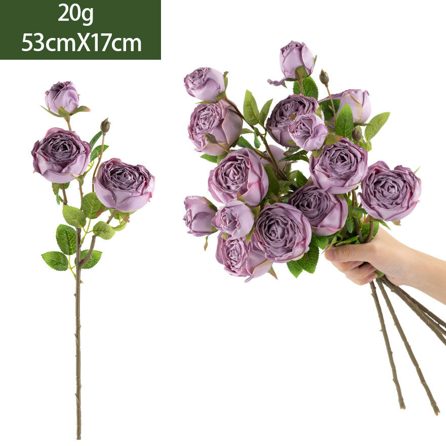 Kunstblumen Rosenstrauß Seidenblumen Kaiserin Rosa mit 3 Blüten 53 cm, realistische Deko für Hochzeit, Trauerfeier, Shop-Deko, Innenraum