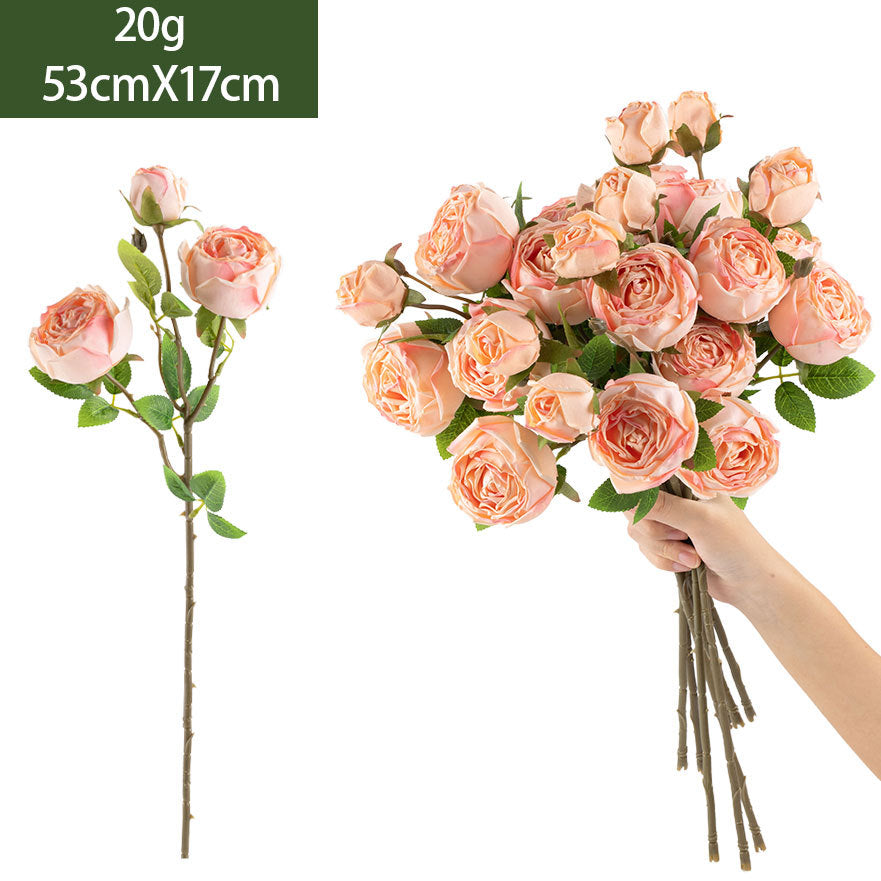 Kunstblumen Rosenstrauß Seidenblumen Kaiserin Rosa mit 3 Blüten 53 cm, realistische Deko für Hochzeit, Trauerfeier, Shop-Deko, Innenraum