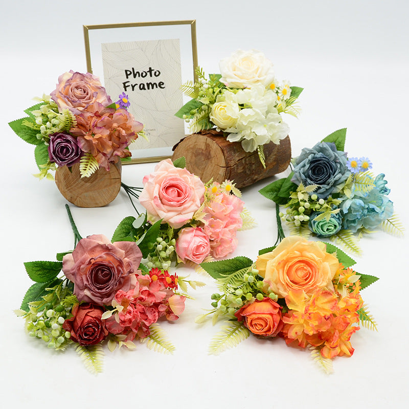 Künstliche Rosen, Schneerosen, Hortensien und Kamillenblüten, 31 cm, Retro-Stil, für Hochzeiten und Zuhause