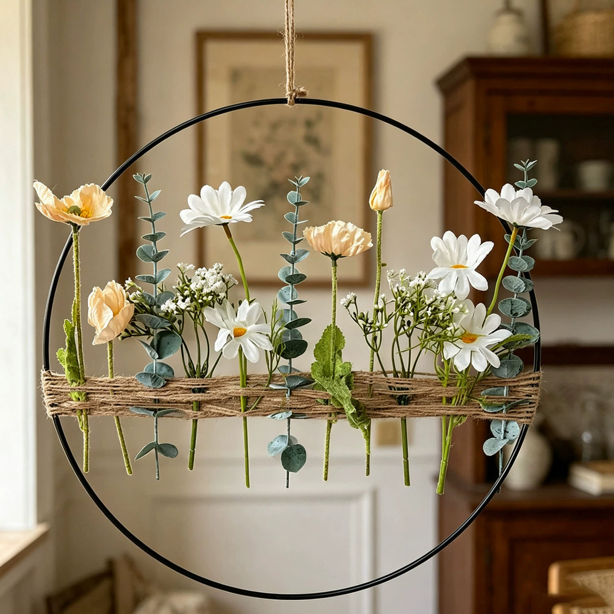 Künstlicher Blumenkranz 40x40 cm, Eukalyptus, Kornblume, Gänseblümchen, Wanddekoration für Hochzeit, Party, Shop, Innenraum