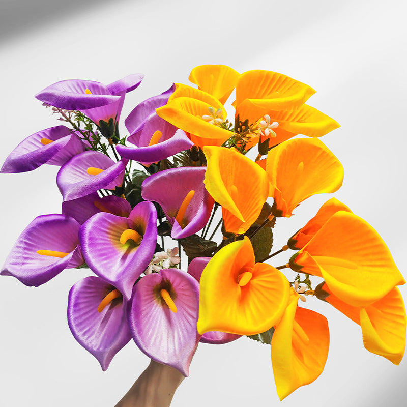 Künstliche Calla-Lilien Busstrauß, 31 cm, 7 Blüten, Seidenstoff, Hochzeit Dekoration, Innenraum, Grabschmuck, Event-Deko
