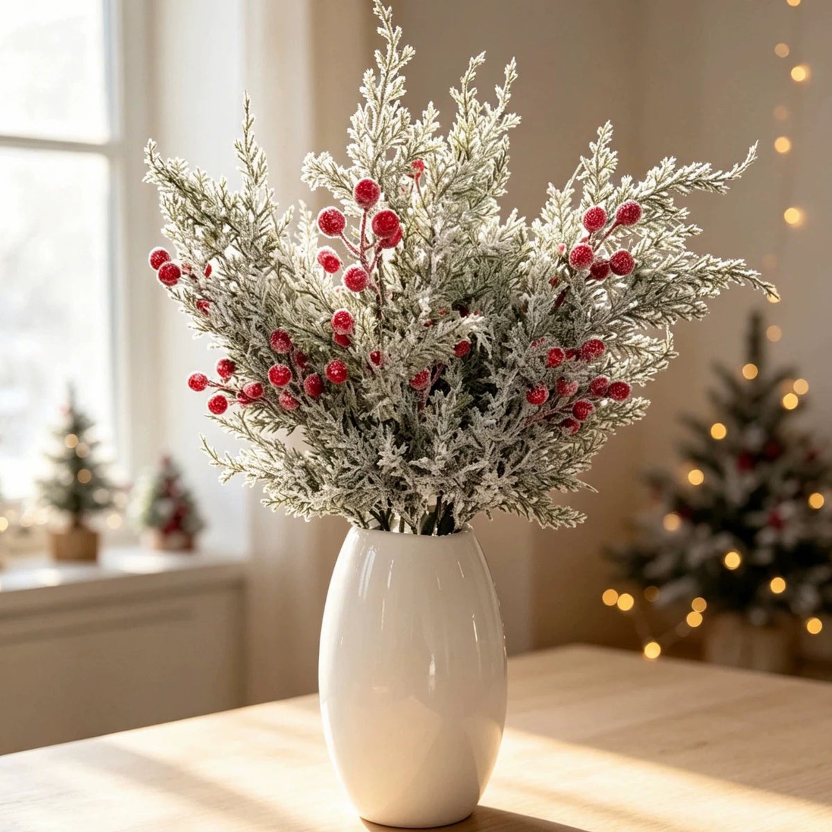 Künstliche Kiefernzweig mit roten Beeren, 50 cm, realistische Deko für Hochzeit, Weihnachten, Grabgestaltung, Innenraum
