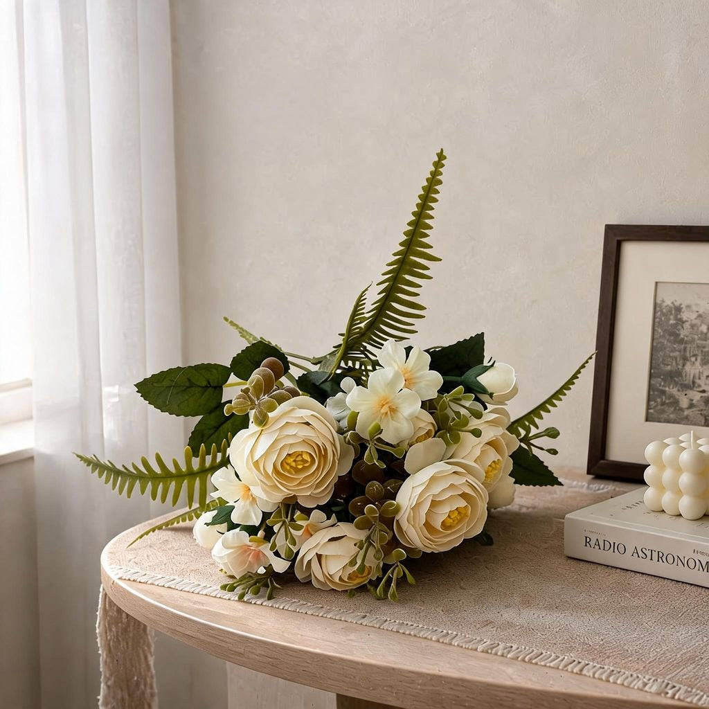 Künstliche Camellia-Blütenstrauß, 31 cm, Seidenstoff, 16 Blüten, Hochzeit Dekoration, Innenraumgestaltung, Grabschmuck