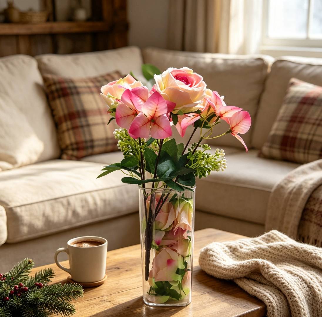 Künstliche Blumenstrauß, Rose und Bougainvillea, Pink/Champagner, 40cm, für Hochzeiten, Zuhause, Feiertage